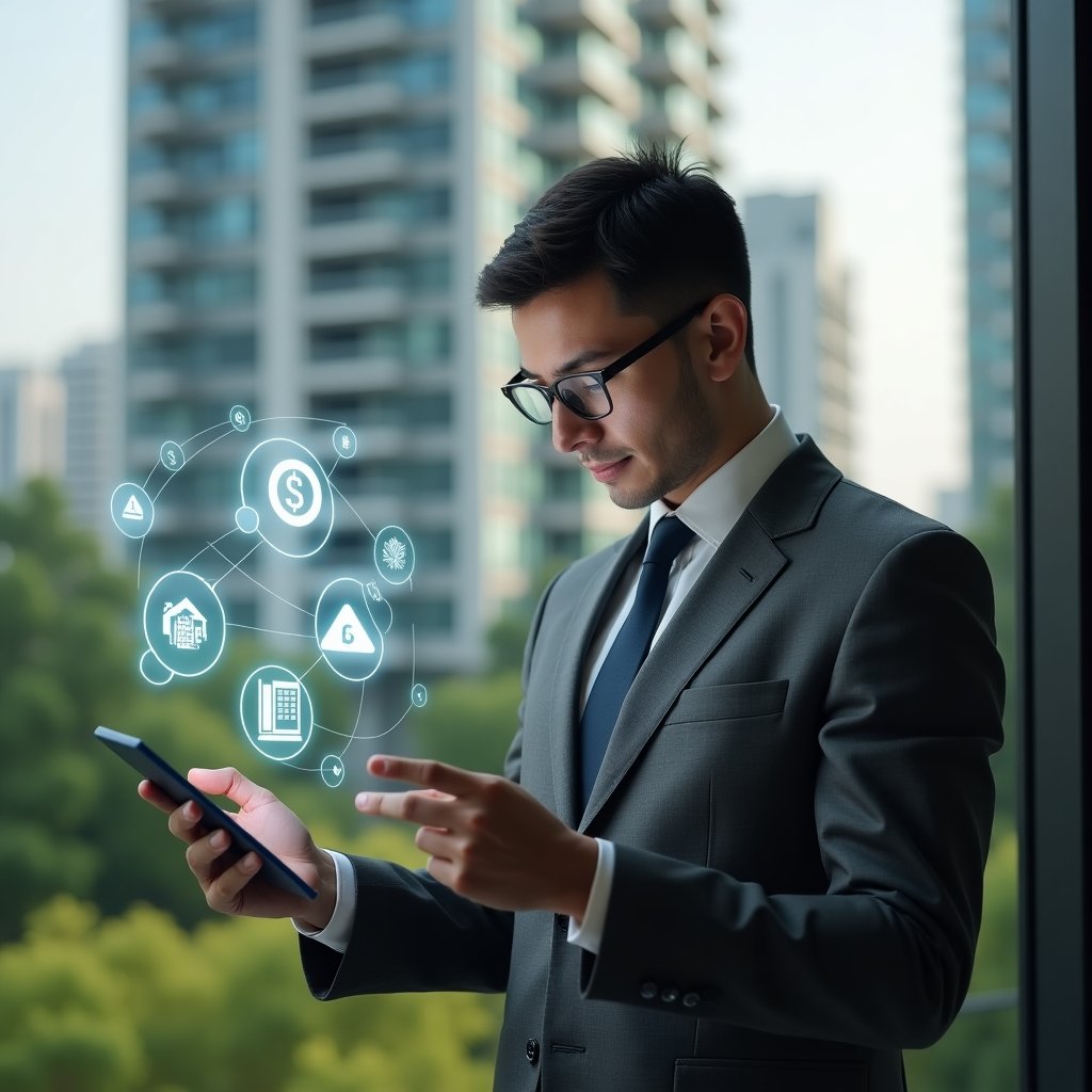 (Ultra-realistic condominium manager in a charcoal gray suit, set in a modern luxury condominium environment with high-rise buildings and lush green landscaping, examining a floating holographic interface of a condo management app with icons for finance, communication, and reservations, confident and focused expression, cinematic lighting, shallow depth of field, highly detailed textures, realistic skin, photographic realism, 8k resolution --ar 1:1 --v 6)