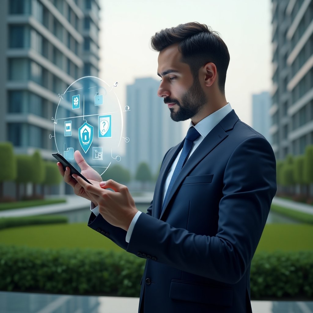 (Ultra-realistic professional property manager in a dark blue suit, set in a modern luxury condominium environment with high-rise buildings and lush green landscaping, examining a holographic interface of condo management app icons and a security shield symbol, confident and focused expression, cinematic lighting, shallow depth of field, highly detailed textures, realistic skin, photographic realism, 8k resolution --ar 1:1 --v 6)