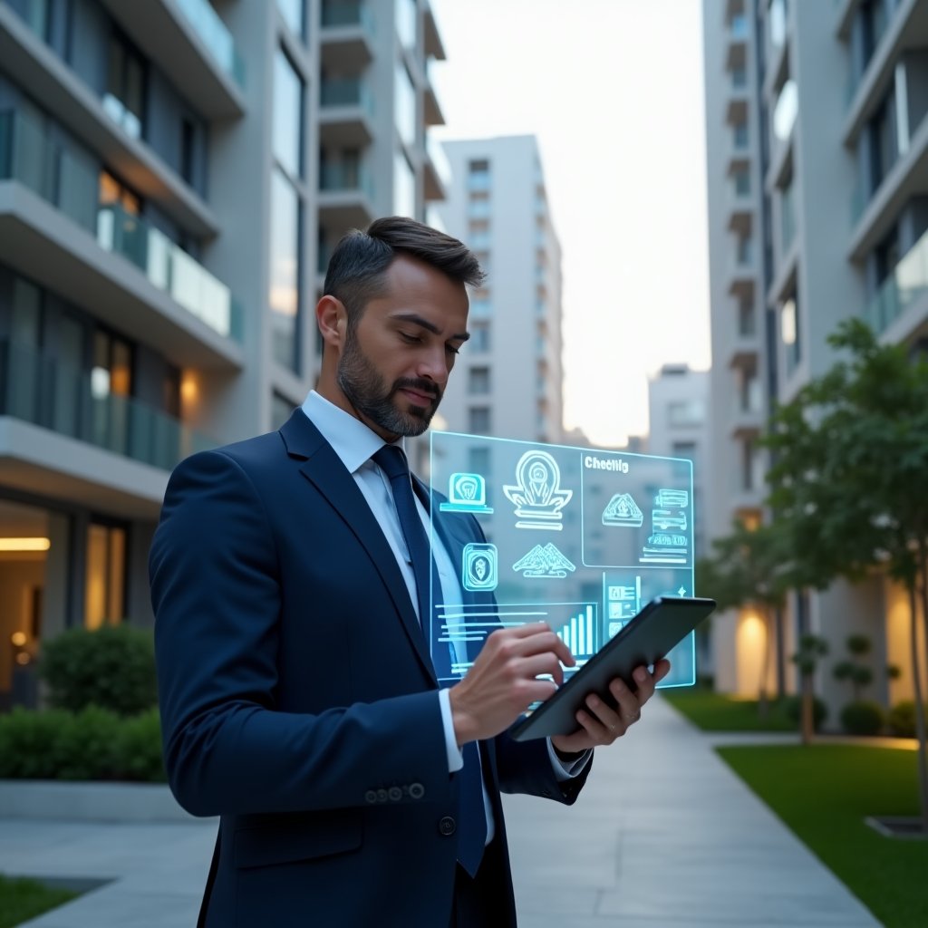 (Ultra-realistic condominium manager in a navy blue suit, set in a modern luxury condominium environment with high-rise buildings and manicured green landscaping, holding a tablet and confidently reviewing a holographic checklist of five steps, floating app icons and transparent financial graphs appearing as augmented reality overlays, cinematic lighting, shallow depth of field, highly detailed textures, realistic skin, photographic realism, 8k resolution --ar 1:1 --v 6)