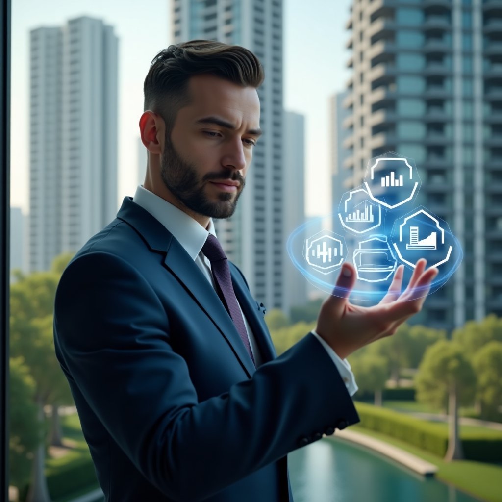 Ultra-realistic condo manager in a dark blue tailored suit, set in a modern luxury condominium environment with high-rise buildings and meticulously manicured green spaces, confidently interacting with a holographic interface of app icons and financial graphs, symbolizing a condominium management application, cinematic lighting, shallow depth of field, highly detailed textures, realistic skin, photographic realism, 8k resolution --ar 1:1 --v 6