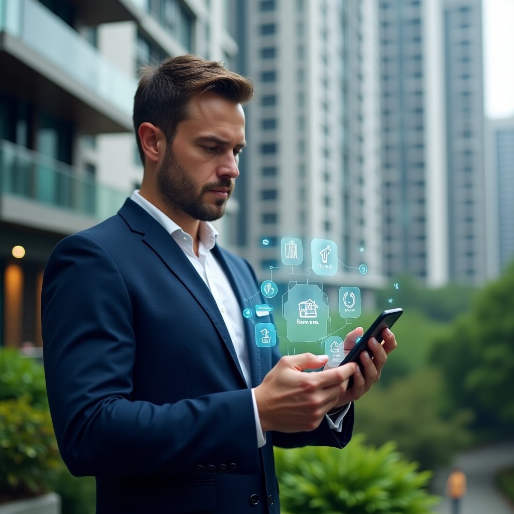 (Ultra-realistic condominium manager in a navy blue suit, set in a modern luxury condominium environment with high-rise buildings and meticulously landscaped greenery, analyzing a floating holographic interface of a condo management app with icons for finance, communication and reservations, confident expression, cinematic lighting, shallow depth of field, highly detailed textures, realistic skin, photographic realism, 8k resolution --ar 1:1 --v 6)