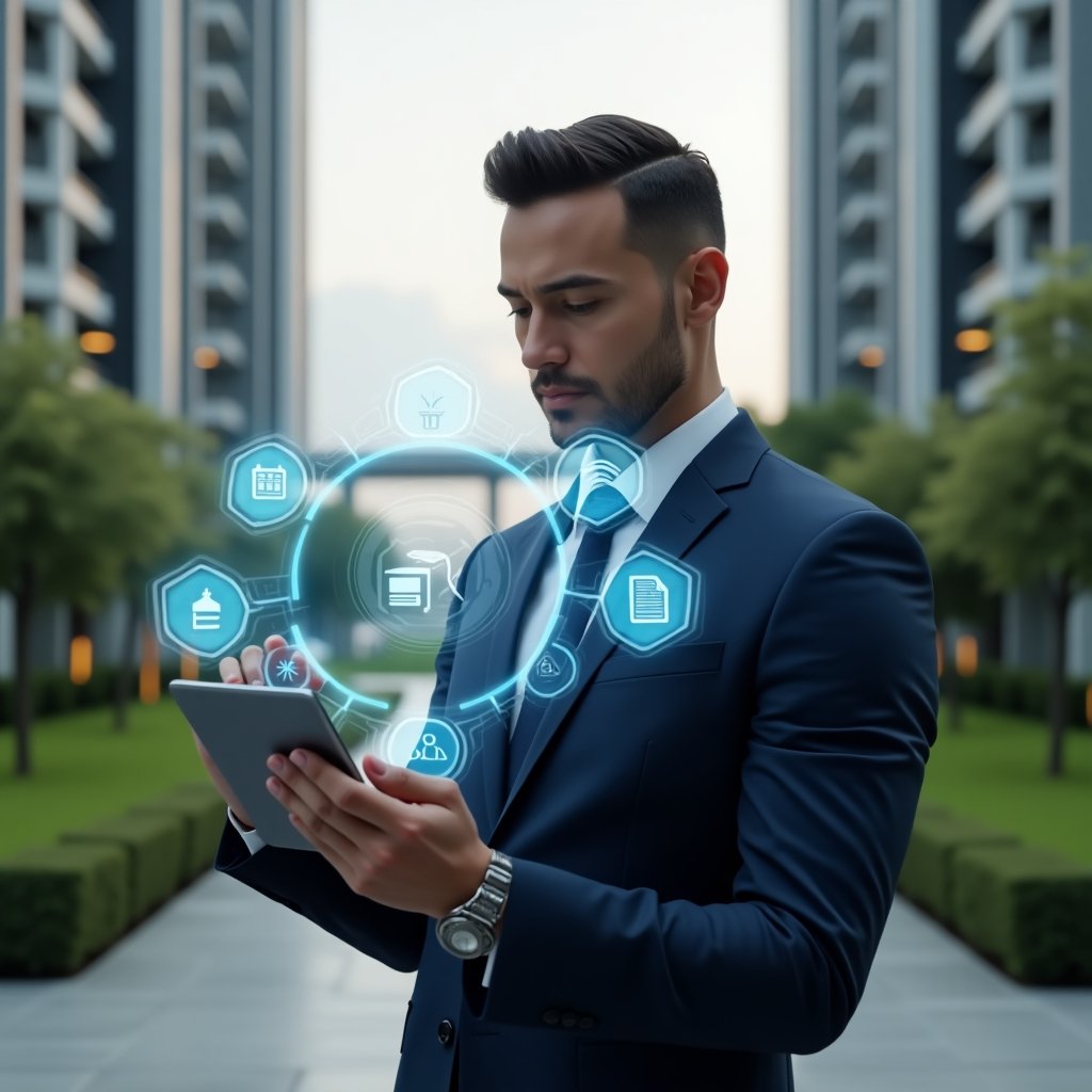 (Ultra-realistic condominium manager in a navy blue executive suit, set in a modern luxury condominium environment with high-rise buildings and manicured green landscaping, holding a tablet and analyzing a holographic interface of a property management app, floating icons for security, chat and financial reports around the screen, confident and focused expression, cinematic lighting, shallow depth of field, highly detailed textures, realistic skin, photographic realism, 8k resolution --ar 1:1 --v 6)