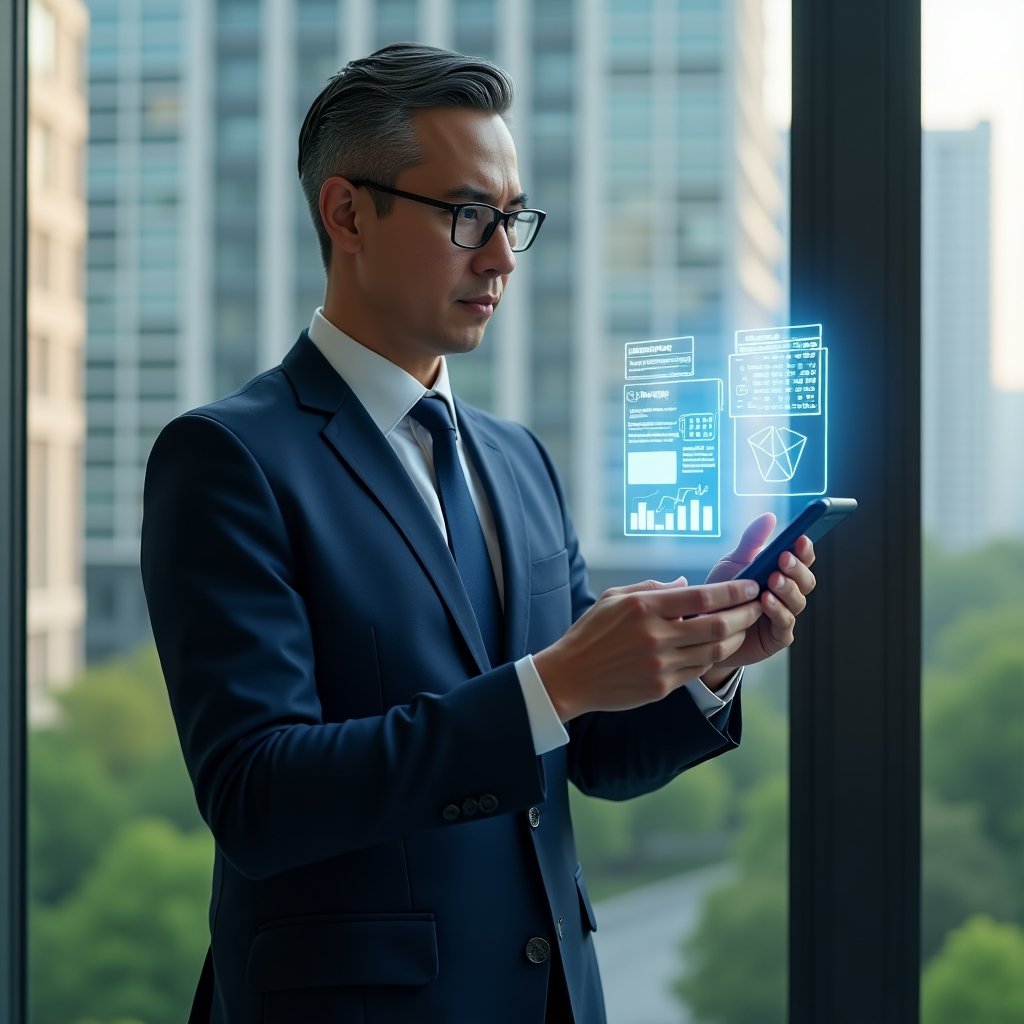 (Ultra-realistic condominium manager in a navy blue tailored suit, set in a modern luxury condominium environment with high-rise buildings and meticulously landscaped greenery visible through floor-to-ceiling windows, confidently interacting with a floating holographic interface of a mobile app displaying financial charts and reservation schedules, cinematic lighting, shallow depth of field, highly detailed textures, realistic skin, photographic realism, 8k resolution --ar 1:1 --v 6)