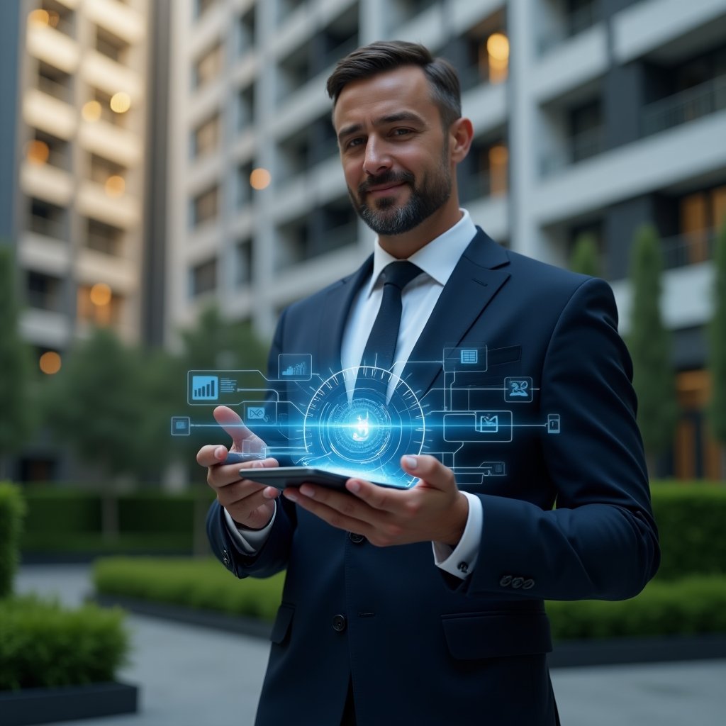 (Ultra-realistic condominium manager in a navy tailored suit, set in a modern luxury condominium environment with high-rise buildings and manicured green landscaping, confidently interacting with a floating holographic smartphone dashboard displaying app icons and charts, symbolizing an intuitive management application, cinematic lighting, shallow depth of field, highly detailed textures, realistic skin, photographic realism, 8k resolution --ar 1:1 --v 6)