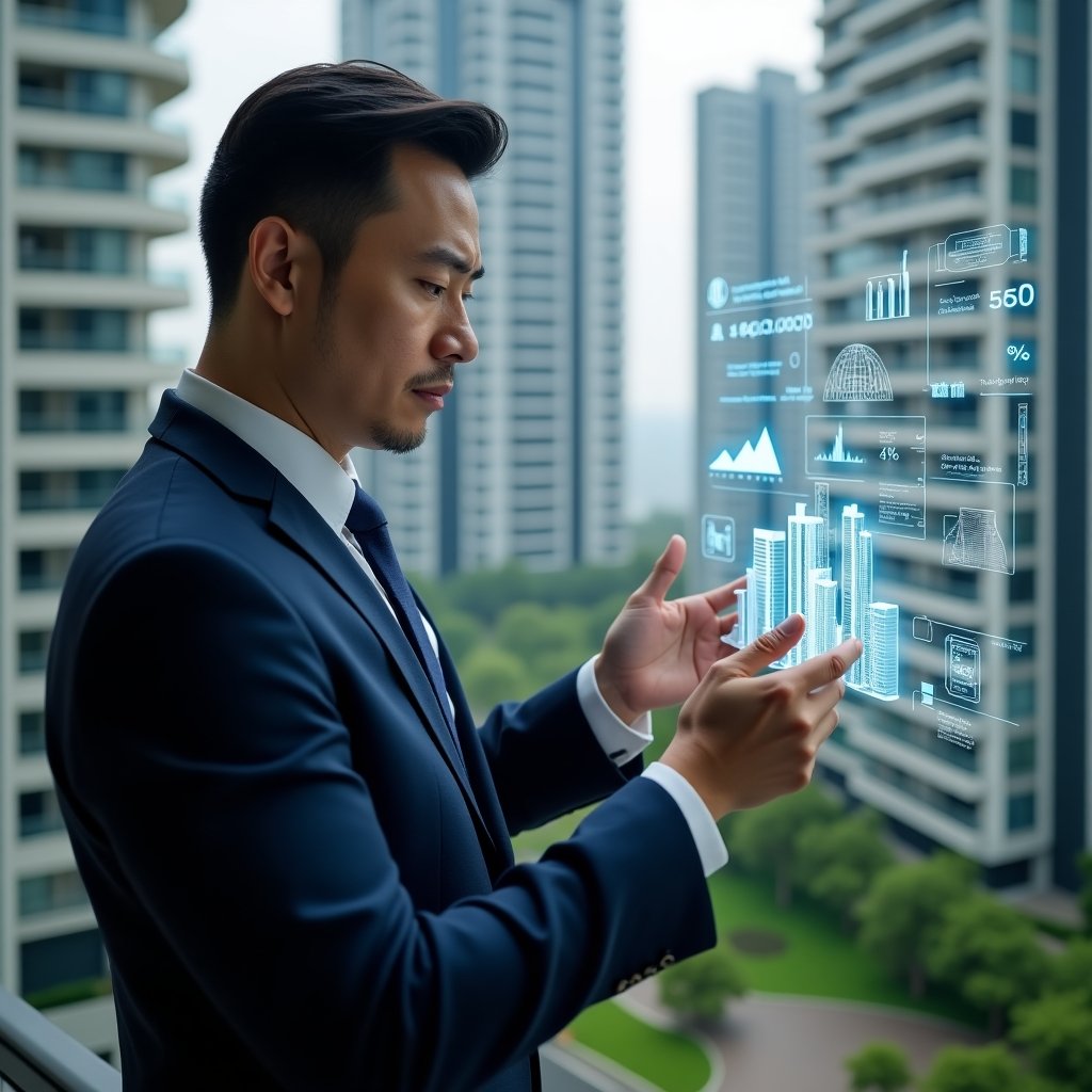 Ultra-realistic condominium manager in a navy executive suit, set in a modern luxury condominium environment with high-rise buildings and manicured green landscaping, examining a holographic dashboard displaying building icons, financial graphs and efficiency metrics, confident and focused expression, cinematic lighting, shallow depth of field, highly detailed textures, realistic skin, photographic realism, 8k resolution --ar 1:1 --v 6