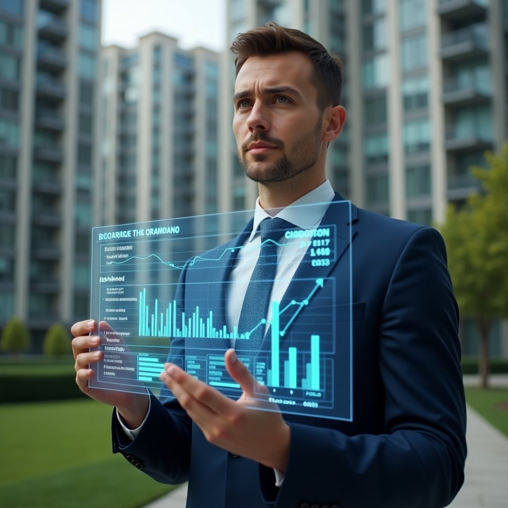Ultra-realistic condominium manager in a tailored navy suit, set in a modern luxury condominium environment with high-rise buildings and manicured green spaces, holding and examining a holographic financial dashboard displaying categorized expense charts (ordinary vs. extraordinary costs), analytical and confident expression, cinematic lighting, shallow depth of field, highly detailed textures, realistic skin, photographic realism, 8k resolution --ar 1:1 --v 6