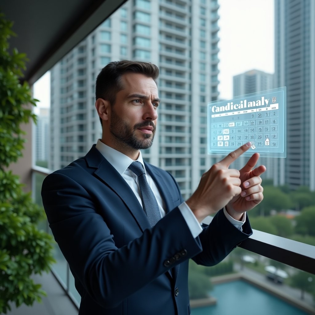 Ultra-realistic condominium manager in a navy suit, set in a modern luxury condominium environment with high-rise buildings and green landscaping, pointing at a holographic calendar interface displaying a maintenance schedule and floating task icons, confident expression, cinematic lighting, shallow depth of field, highly detailed textures, realistic skin, photographic realism, 8k resolution --ar 1:1 --v 6