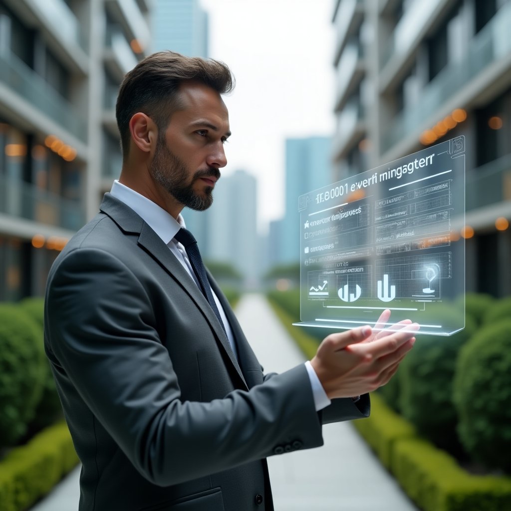 Ultra-realistic condominium property manager in a tailored gray suit, set in a modern luxury condominium environment with high-rise buildings and manicured green landscaping, analyzing a floating holographic breakdown of ordinary and extraordinary expense categories, with semi-transparent icons of invoices and pie charts hovering around, confident and focused expression, cinematic lighting, shallow depth of field, highly detailed textures, realistic skin, photographic realism, 8k resolution --ar 1:1 --v 6