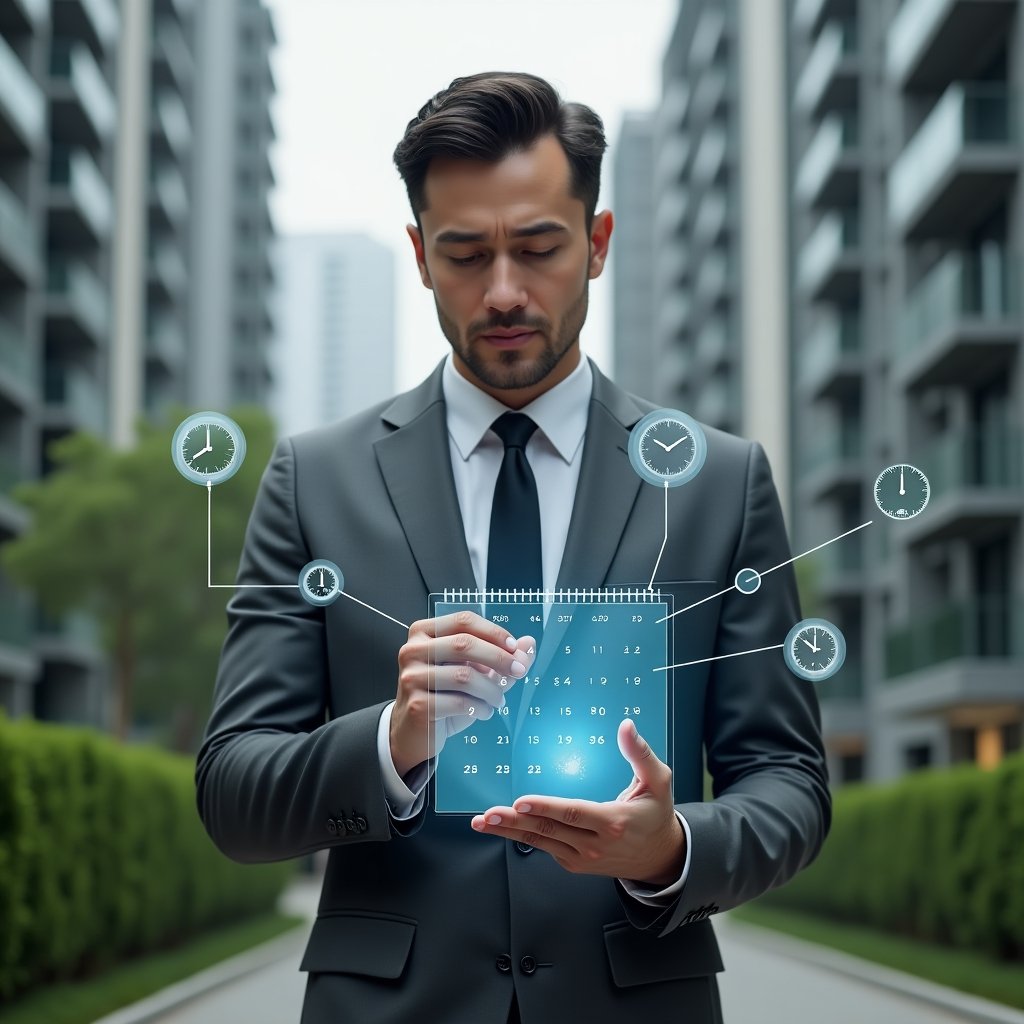 Ultra-realistic condominium manager in a charcoal gray suit, set in a modern luxury condominium environment with high-rise buildings and green landscaping, holding a transparent holographic calendar interface and tapping scheduled tasks, surrounded by floating icons of clocks and checklists, focused and confident expression, cinematic lighting, shallow depth of field, highly detailed textures, realistic skin, photographic realism, 8k resolution --ar 1:1 --v 6