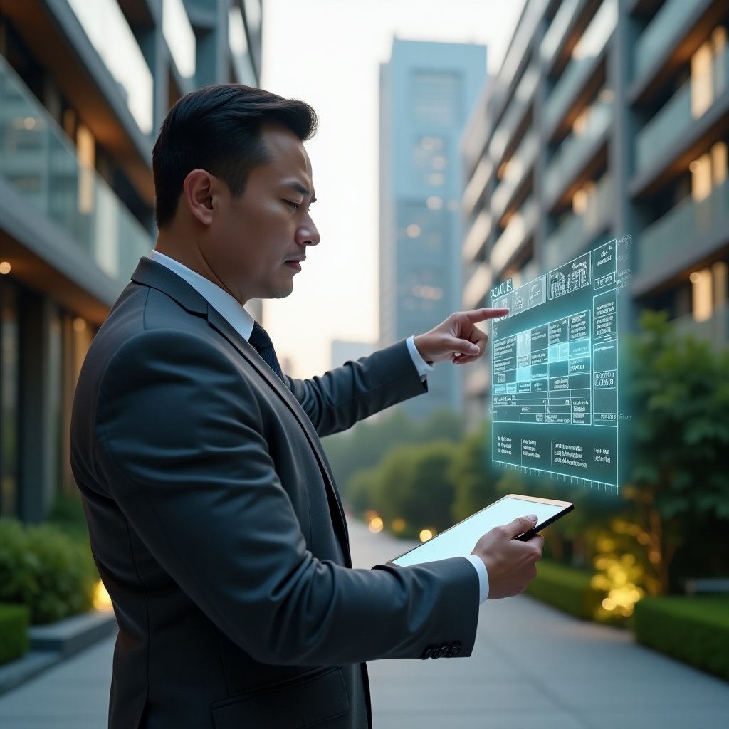 (Ultra-realistic condominium manager in a charcoal gray tailored suit, set in a modern luxury condominium environment with high-rise buildings and lush green landscaping, holding a digital tablet displaying a holographic calendar with tasks and deadlines, confidently pointing at the schedule, a translucent timeline hologram floating beside them symbolizing organized planning, cinematic lighting, shallow depth of field, highly detailed textures, realistic skin, photographic realism, 8k resolution --ar 1:1 --v 6)