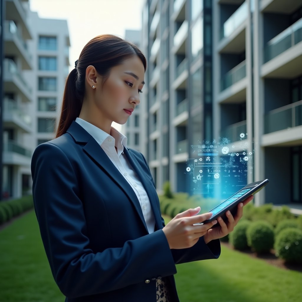 (Ultra-realistic condominium manager in a dark blue suit, set in a modern luxury condominium environment with high-rise buildings and manicured green landscaping, holding a tablet displaying a holographic activity schedule, analyzing a floating calendar hologram with check marks and gears icons, focused and confident expression, cinematic lighting, shallow depth of field, highly detailed textures, realistic skin, photographic realism, 8k resolution --ar 1:1 --v 6)