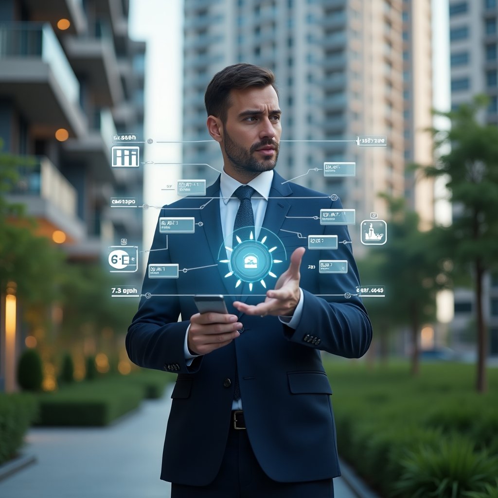 Ultra-realistic condominium property manager in a tailored navy suit, set in a modern luxury condominium environment with high-rise buildings and lush green landscaping, confidently interacting with a floating holographic timeline of scheduled tasks and deadlines, translucent calendar and chat bubble icons hovering around, cinematic lighting, shallow depth of field, highly detailed textures, realistic skin, photographic realism, 8k resolution --ar 1:1 --v 6