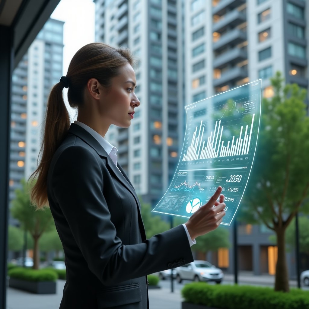 Ultra-realistic property manager in a charcoal suit, set in a modern luxury condominium environment with high-rise buildings and well-manicured greenery, medium shot of a professional woman confidently analyzing a holographic financial report projected before her, floating charts and graphs symbolizing transparent accounting, cinematic lighting, shallow depth of field, highly detailed textures, realistic skin, photographic realism, 8k resolution --ar 1:1 --v 6