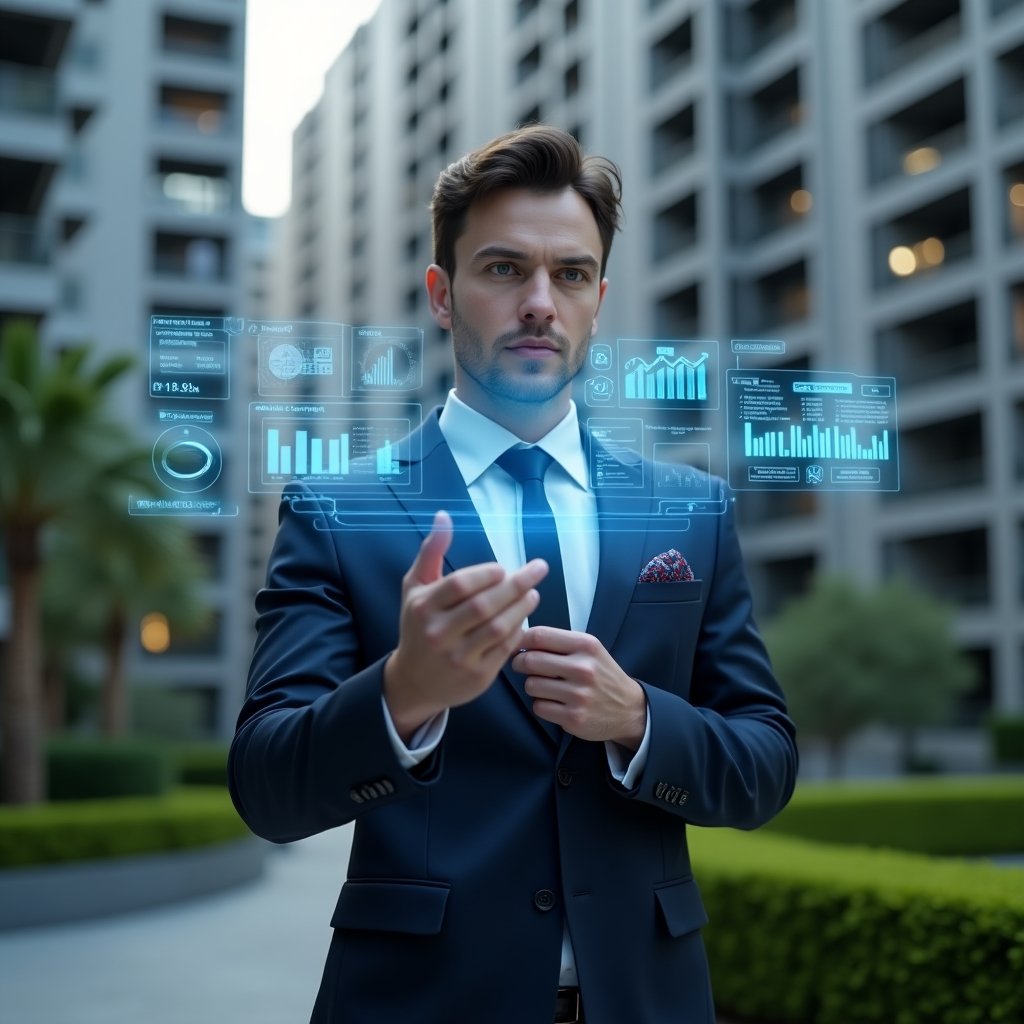 (Ultra-realistic condominium manager in a tailored navy suit, set in a modern luxury condominium environment with high-rise buildings and manicured green gardens, confidently interacting with a floating holographic dashboard of real-time reports and graphs, soft blue holographic charts illuminating the scene, cinematic lighting, shallow depth of field, highly detailed textures, realistic skin, photographic realism, 8k resolution --ar 1:1 --v 6)
