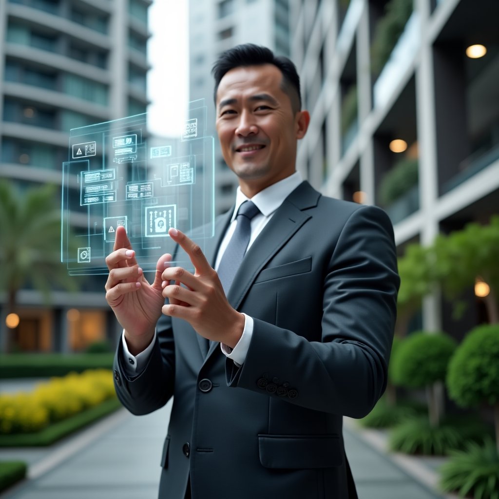 (Ultra-realistic condo manager in a tailored dark gray suit, set in a modern luxury condominium environment with high-rise buildings and manicured green landscaping, interacting with a holographic touchscreen displaying aplicativo para condomínio and aplicativo de gestão icons, confident expression as they tap digital widgets floating mid-air, cinematic lighting, shallow depth of field, highly detailed textures, realistic skin, photographic realism, 8k resolution --ar 1:1 --v 6)