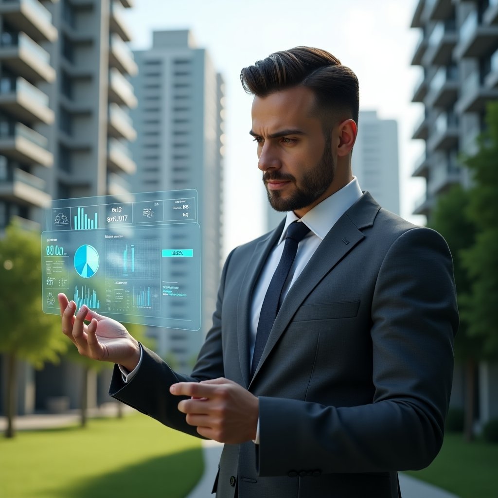 (Ultra-realistic condominium manager in a charcoal gray tailored suit, set in a modern luxury condominium environment with high-rise buildings and lush green landscaping, examining a floating holographic dashboard of financial charts and digital maintenance schedules, surrounded by subtle icons of a mobile app and security camera, confident and focused expression, cinematic lighting, shallow depth of field, highly detailed textures, realistic skin, photographic realism, 8k resolution --ar 1:1 --v 6)