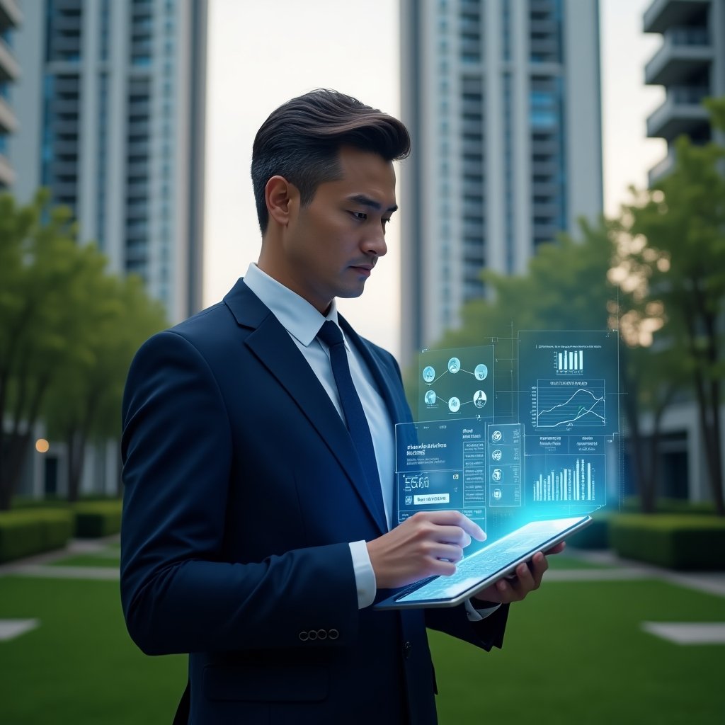 (Ultra-realistic condominium manager in a navy-blue executive suit, set in a modern luxury condominium environment with high-rise buildings and lush green landscaping, holding a transparent tablet displaying holographic financial charts and reports, confidently analyzing monthly accounts, floating icons of ledgers and graphs around the device, cinematic lighting, shallow depth of field, highly detailed textures, realistic skin, photographic realism, 8k resolution --ar 1:1 --v 6)