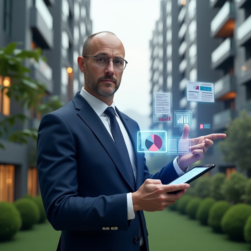 (Ultra-realistic condominium manager in a navy blue tailored suit, set in a modern luxury condominium environment with high-rise buildings and green landscaping, holding a tablet displaying holographic financial reports and checklists, pointing confidently at floating 3D pie charts and spreadsheets, cinematic lighting, shallow depth of field, highly detailed textures, realistic skin, photographic realism, 8k resolution --ar 1:1 --v 6)