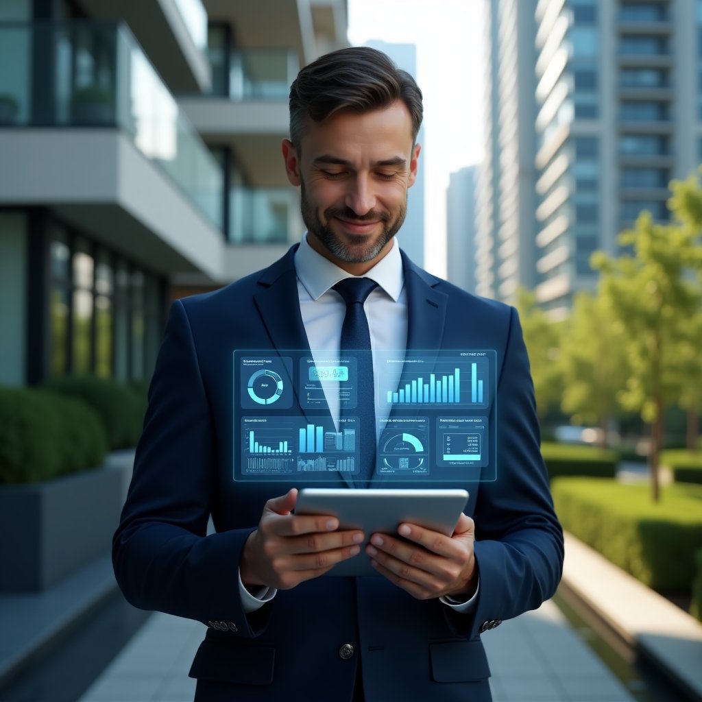 Ultra-realistic condominium manager in a navy blue suit, set in a modern luxury condominium environment with high-rise buildings and lush green landscaping, confidently holding a digital tablet displaying transparent holographic financial charts and pie graphs, thoughtfully reviewing data with a slight smile, cinematic lighting, shallow depth of field, highly detailed textures, realistic skin, photographic realism, 8k resolution --ar 1:1 --v 6