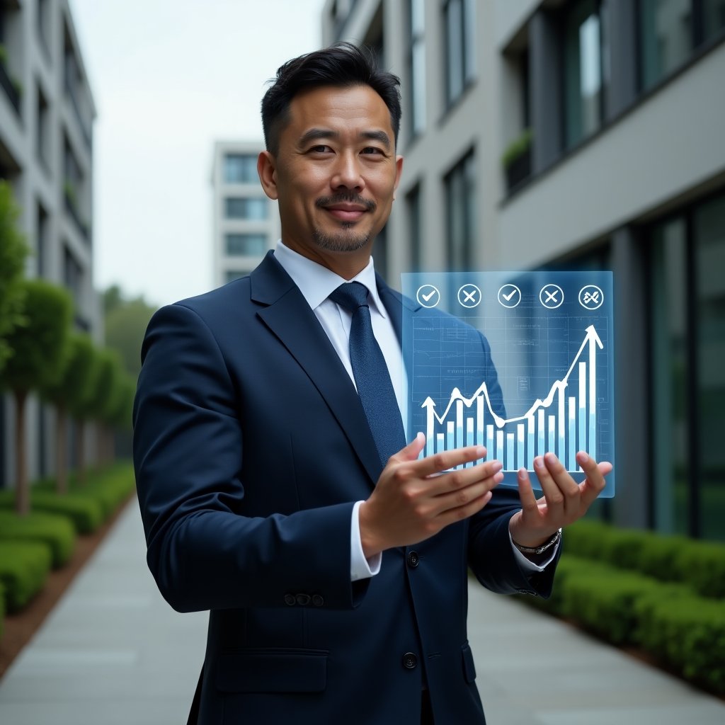 (Ultra-realistic condominium manager in a tailored navy suit, set in a modern luxury condominium environment with high-rise buildings and manicured green landscaping, holding and examining a transparent holographic financial report chart, surrounded by floating icons of graphs and check marks to symbolize transparency and clear accounting, confident expression, cinematic lighting, shallow depth of field, highly detailed textures, realistic skin, photographic realism, 8k resolution --ar 1:1 --v 6)