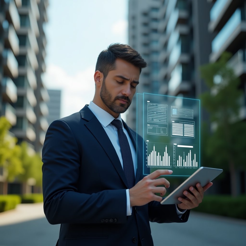 Ultra-realistic condominium manager in a tailored navy suit, set in a modern luxury condominium environment with high-rise buildings and lush green landscaping, analyzing a floating holographic contract and budget charts with a digital tablet in hand, confident and focused expression, cinematic lighting, shallow depth of field, highly detailed textures, realistic skin, photographic realism, 8k resolution --ar 1:1 --v 6
