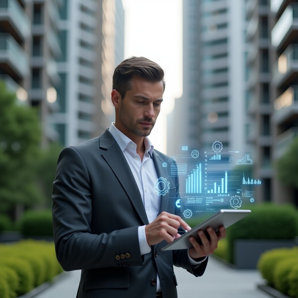 (Ultra-realistic condominium manager in a charcoal gray tailored suit, set in a modern luxury condominium environment with sleek high-rise buildings and manicured green landscaping, holding a digital tablet and reviewing a holographic cost-saving analytics chart, surrounded by floating icons of gears and dollar signs symbolizing budget optimization, confident and thoughtful expression, cinematic lighting, shallow depth of field, highly detailed textures, realistic skin, photographic realism, 8k resolution --ar 1:1 --v 6)