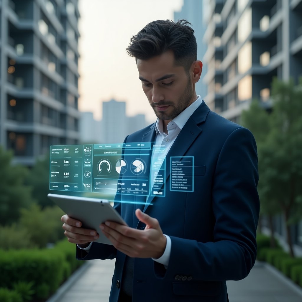 (Ultra-realistic condominium manager in a navy blue business suit, set in a modern luxury condominium environment with high-rise buildings and meticulously landscaped greenery, examining a holographic financial dashboard with pie charts and maintenance icons projected above a tablet, focused and confident expression, cinematic lighting, shallow depth of field, highly detailed textures, realistic skin, photographic realism, 8k resolution --ar 1:1 --v 6)