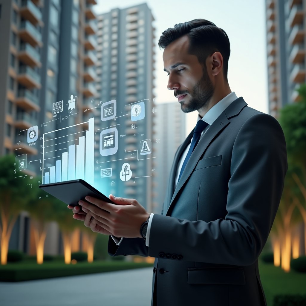 (Ultra-realistic condominium manager in a dark gray executive suit, set in a modern luxury condominium environment with high-rise buildings and well-manicured greenery, holding a tablet displaying holographic financial charts and cost-reduction graphs, surrounded by floating icons of a aplicativo para condomínio interface and digital sensors, focused and confident expression, cinematic lighting, shallow depth of field, highly detailed textures, realistic skin, photographic realism, 8k resolution --ar 1:1 --v 6)
