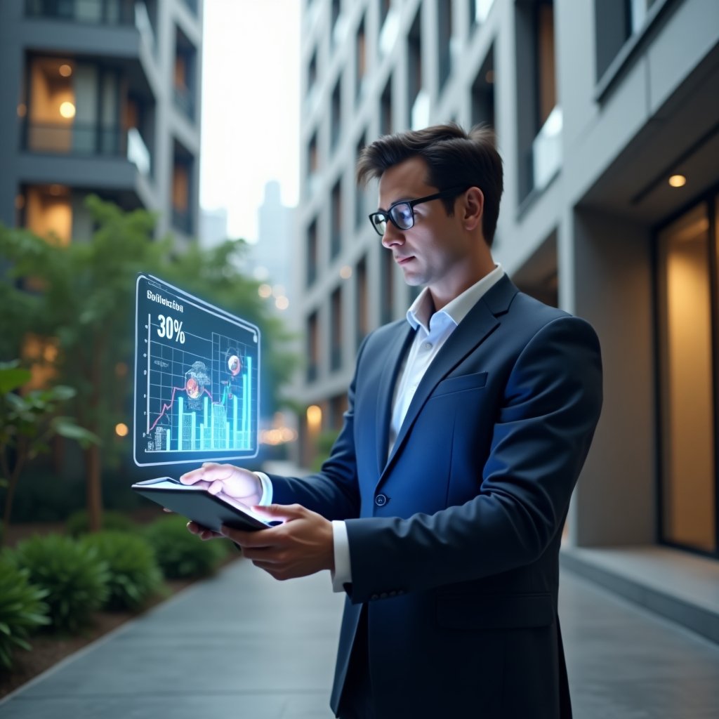 Ultra-realistic condominium manager in a navy blue suit, set in a modern luxury condominium environment with high-rise buildings and manicured green landscaping, examining a holographic 3D financial chart showing a 30% cost reduction, confidently tapping on a tablet displaying budget graphs, cinematic lighting, shallow depth of field, highly detailed textures, realistic skin, photographic realism, 8k resolution --ar 1:1 --v 6