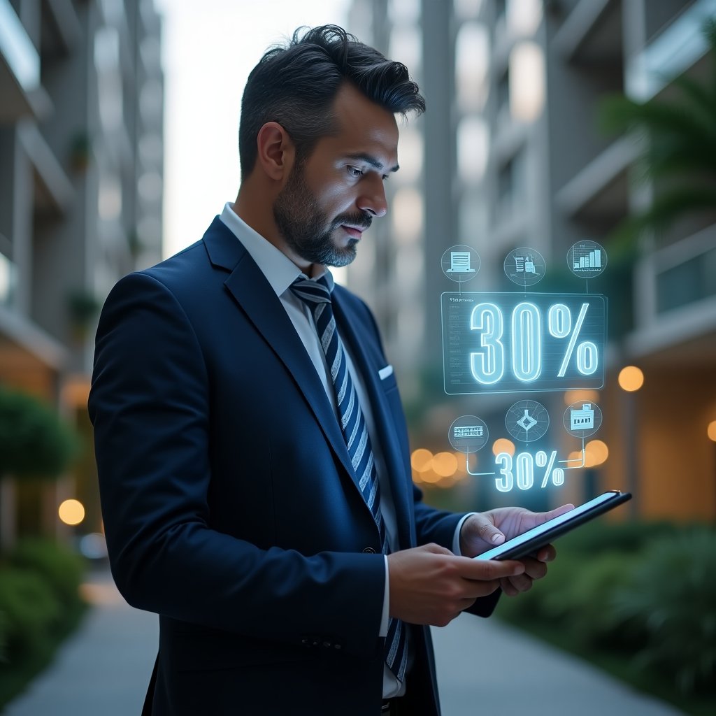 (Ultra-realistic condominium manager in a tailored navy suit, set in a modern luxury condominium environment with high-rise buildings and meticulously landscaped gardens, examining a holographic financial chart displaying a 30% cost reduction, confident and thoughtful expression, holding a sleek tablet with floating icons of budgets and analytics, cinematic lighting, shallow depth of field, highly detailed textures, realistic skin, photographic realism, 8k resolution --ar 1:1 --v 6)