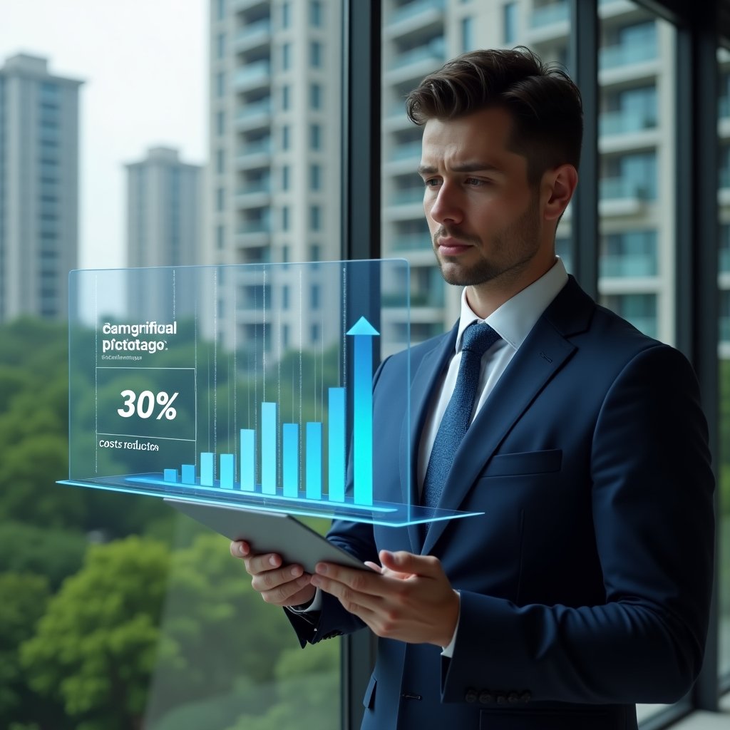 Ultra-realistic condominium manager in a navy suit, set in a modern luxury condominium environment with high-rise buildings and lush green landscaping, analyzing a holographic financial dashboard showing downward-trending bar graphs labeled “30% cost reduction,” holding a digital tablet, confident and focused expression, cinematic lighting, shallow depth of field, highly detailed textures, realistic skin, photographic realism, 8k resolution --ar 1:1 --v 6