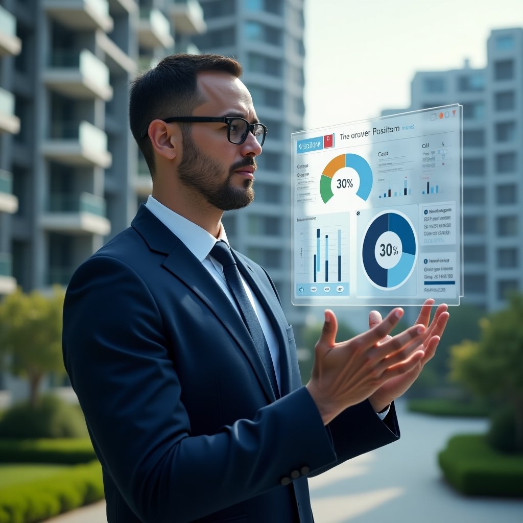 Ultra-realistic condominium manager in a navy blue suit, set in a modern luxury condominium environment with high-rise buildings and green landscaping, medium shot of the manager confidently interacting with a holographic interface displaying cost analytics and a pie chart showing “30% reduction,” cinematic lighting, shallow depth of field, highly detailed textures, realistic skin, photographic realism, 8k resolution --ar 1:1 --v 6