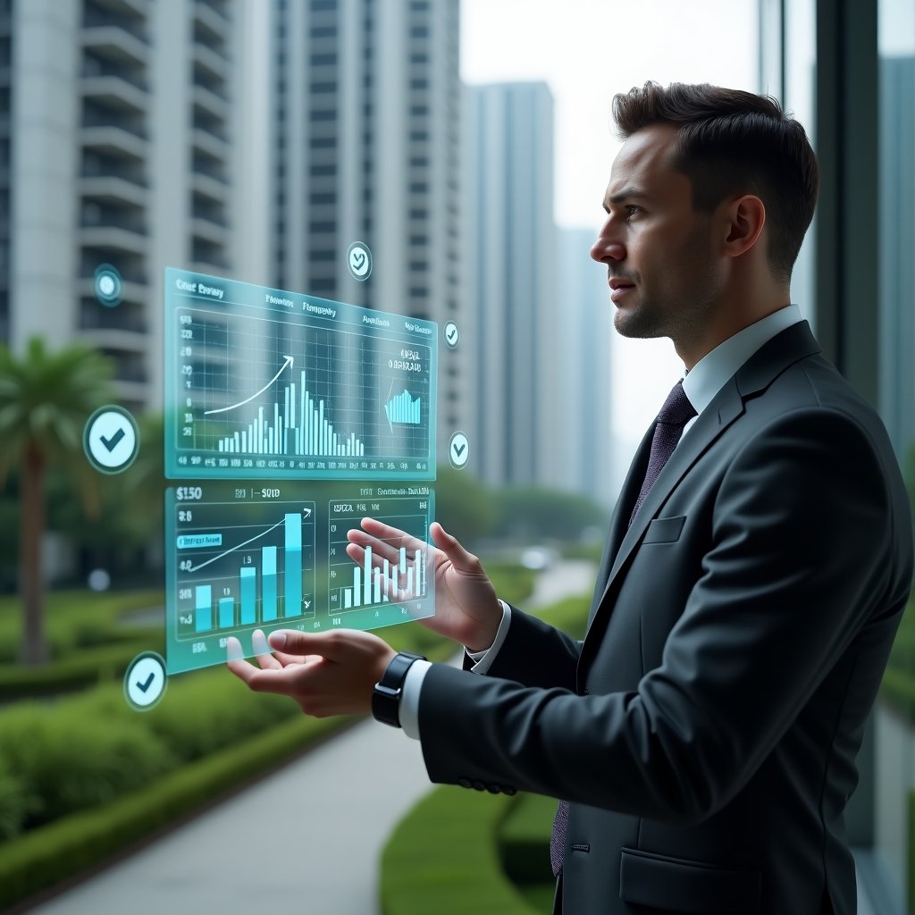 Ultra-realistic condominium manager in a dark gray tailored suit, set in a modern luxury condominium environment with high-rise buildings and meticulously landscaped green areas, holding a transparent holographic financial dashboard displaying charts and graphs, reviewing digital reports with a confident, focused expression, floating icons of currency symbols and checkmarks surrounding the hologram, cinematic lighting, shallow depth of field, highly detailed textures, realistic skin, photographic realism, 8k resolution --ar 1:1 --v 6