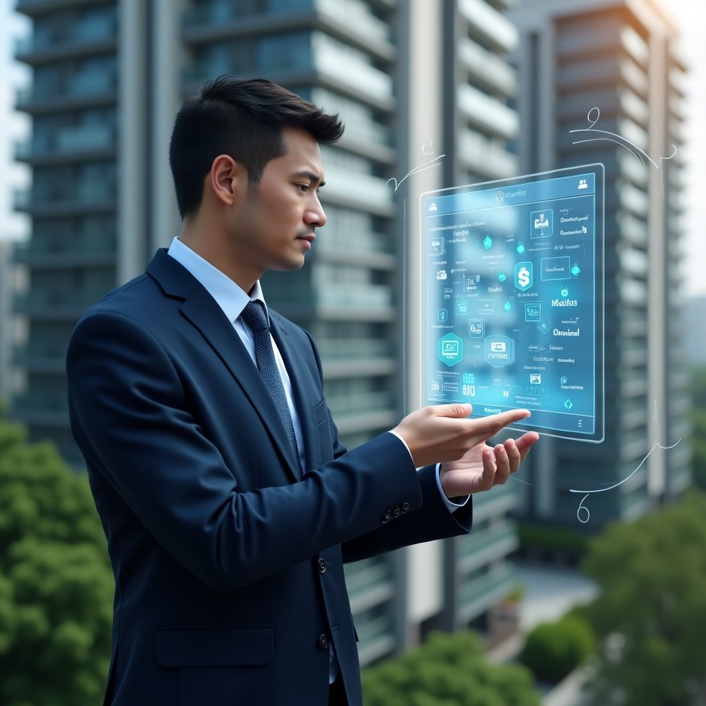 Ultra-realistic property manager in a dark blue suit, set in a modern luxury condominium environment with high-rise buildings and green landscaping, confidently analyzing a transparent holographic billing dashboard, with floating icons of currency symbols and calendar checkmarks representing automated charges and fast collections, cinematic lighting, shallow depth of field, highly detailed textures, realistic skin, photographic realism, 8k resolution --ar 1:1 --v 6