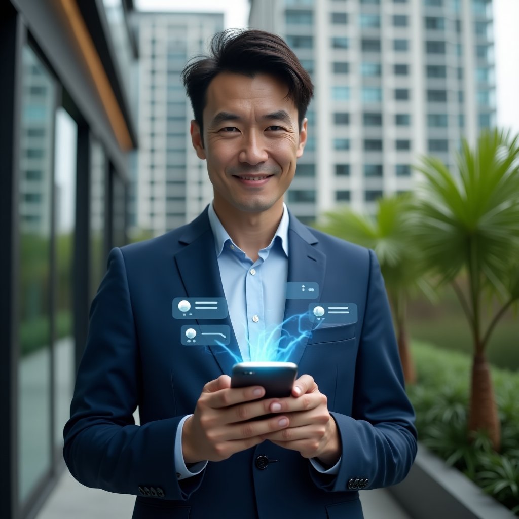 (Ultra-realistic condominium manager in a navy blue suit, set in a modern luxury condominium environment with high-rise buildings and lush green landscaping, mid-shot holding a smartphone with a holographic chat interface symbolizing streamlined communication, floating message and notification icons around the device, confident expression, cinematic lighting, shallow depth of field, highly detailed textures, realistic skin, photographic realism, 8k resolution --ar 1:1 --v 6)
