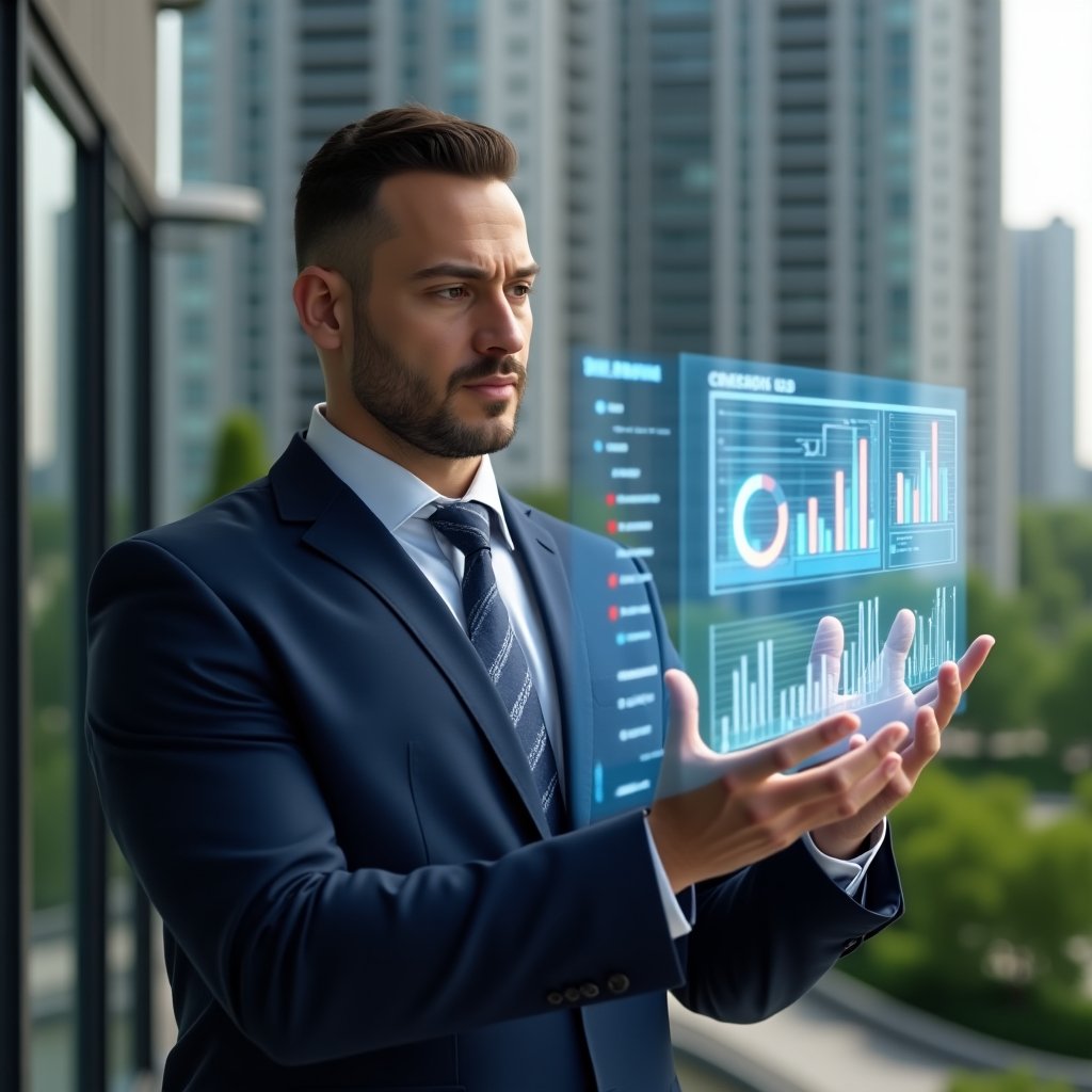 (Ultra-realistic condominium manager in a tailored navy suit, set in a modern luxury condominium environment with high-rise buildings and green landscaping, interacting with a holographic financial report display showing transparent charts and graphs, conveying confidence and focus, cinematic lighting, shallow depth of field, highly detailed textures, realistic skin, photographic realism, 8k resolution --ar 1:1 --v 6)