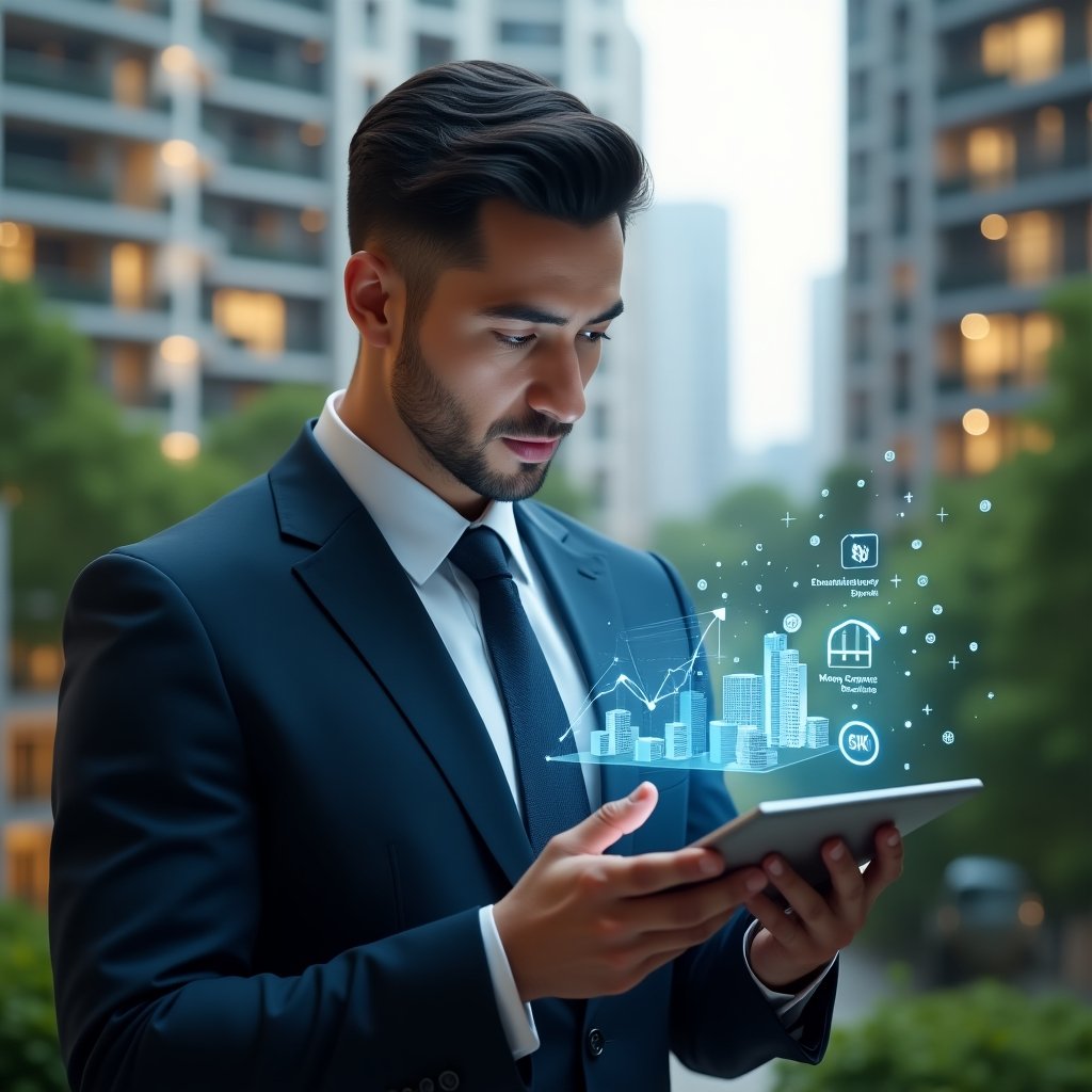 (Ultra-realistic condominium manager in a tailored navy suit, set in a modern luxury condominium environment with high-rise buildings and lush green landscaping, examining a holographic financial chart of extraordinary expenses projected above a digital tablet, surrounded by floating icons of coins and ledgers, thoughtful and confident expression, cinematic lighting, shallow depth of field, highly detailed textures, realistic skin, photographic realism, 8k resolution --ar 1:1 --v 6)