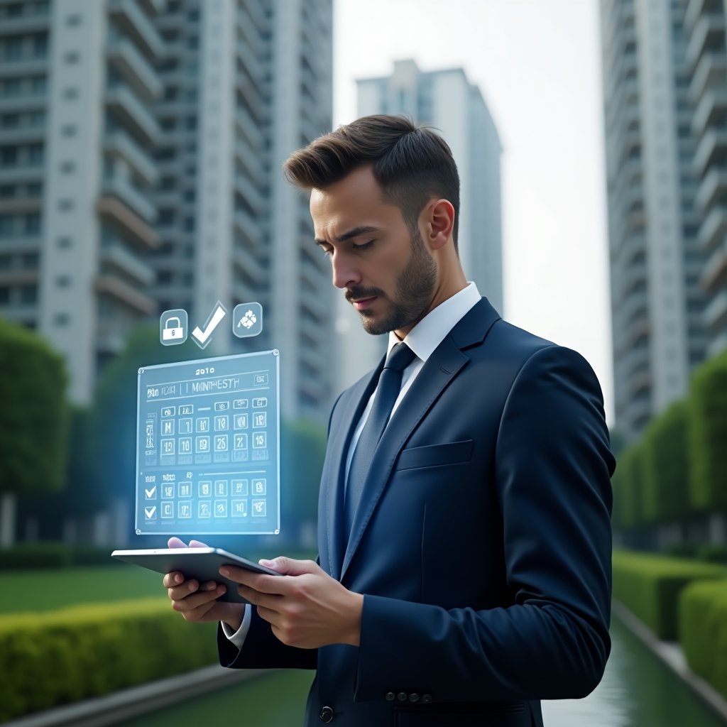 (Ultra-realistic condominium manager in a navy executive suit, set in a modern luxury condominium environment with high-rise buildings and lush green landscaping, reviewing a transparent holographic calendar schedule projected from a tablet, surrounded by floating checklist and maintenance icons, confident and focused expression, cinematic lighting, shallow depth of field, highly detailed textures, realistic skin, photographic realism, 8k resolution --ar 1:1 --v 6)