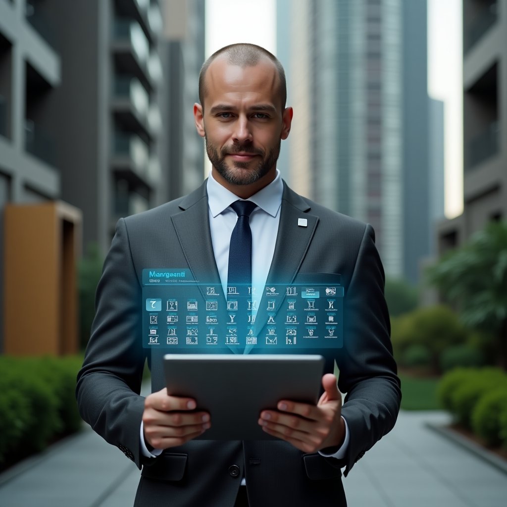 Ultra-realistic condominium manager in a tailored dark gray suit, set in a modern luxury condominium environment with high-rise buildings and manicured greenery, medium shot of a confident professional holding a tablet displaying a holographic annual calendar and maintenance icons, planning tasks and meetings in advance, cinematic lighting, shallow depth of field, highly detailed textures, realistic skin, photographic realism, 8k resolution --ar 1:1 --v 6