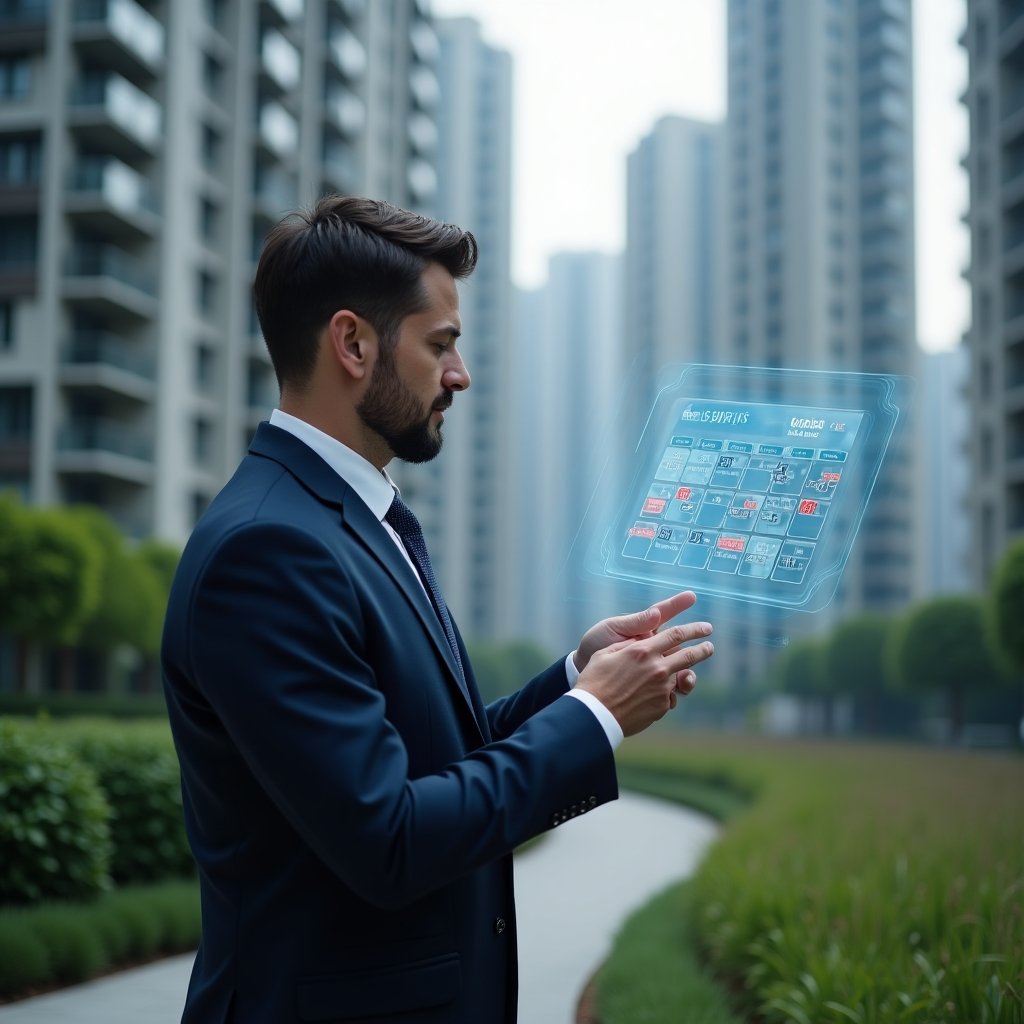 Ultra-realistic condominium manager in a navy suit, set in a modern luxury condominium environment with high-rise buildings and green landscaping, examining a floating holographic annual schedule calendar with confidence, cinematic lighting, shallow depth of field, highly detailed textures, realistic skin, photographic realism, 8k resolution --ar 1:1 --v 6