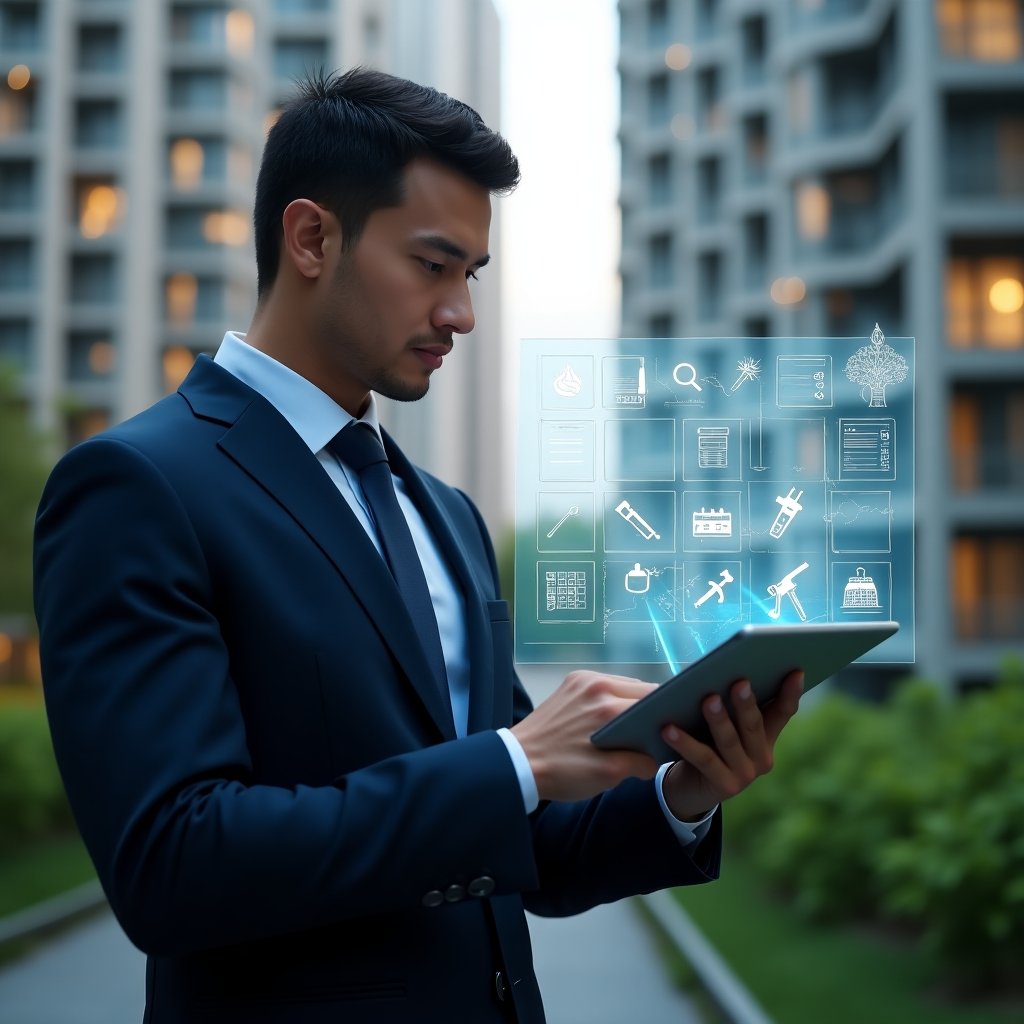 Ultra-realistic condominium manager in a navy suit, set in a modern luxury condominium environment with high-rise buildings and lush green landscaping, reviewing a holographic maintenance schedule projected from a sleek tablet, with floating icons of tools, checklists and calendar symbols, confident and focused expression, cinematic lighting, shallow depth of field, highly detailed textures, realistic skin, photographic realism, 8k resolution --ar 1:1 --v 6