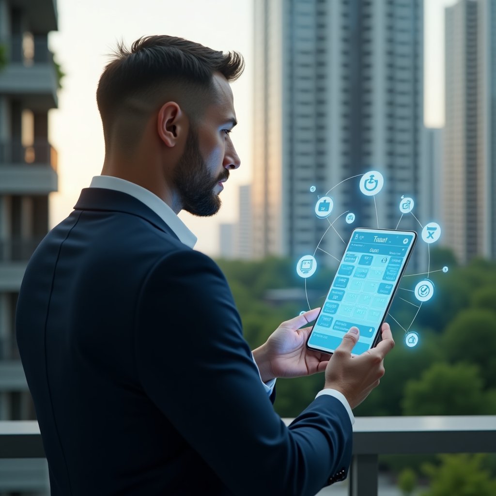 (Ultra-realistic condominium manager in a navy suit, set in a modern luxury condominium environment with high-rise buildings and green landscaping, confidently examining a holographic schedule calendar with floating task icons, cinematic lighting, shallow depth of field, highly detailed textures, realistic skin, photographic realism, 8k resolution --ar 1:1 --v 6)