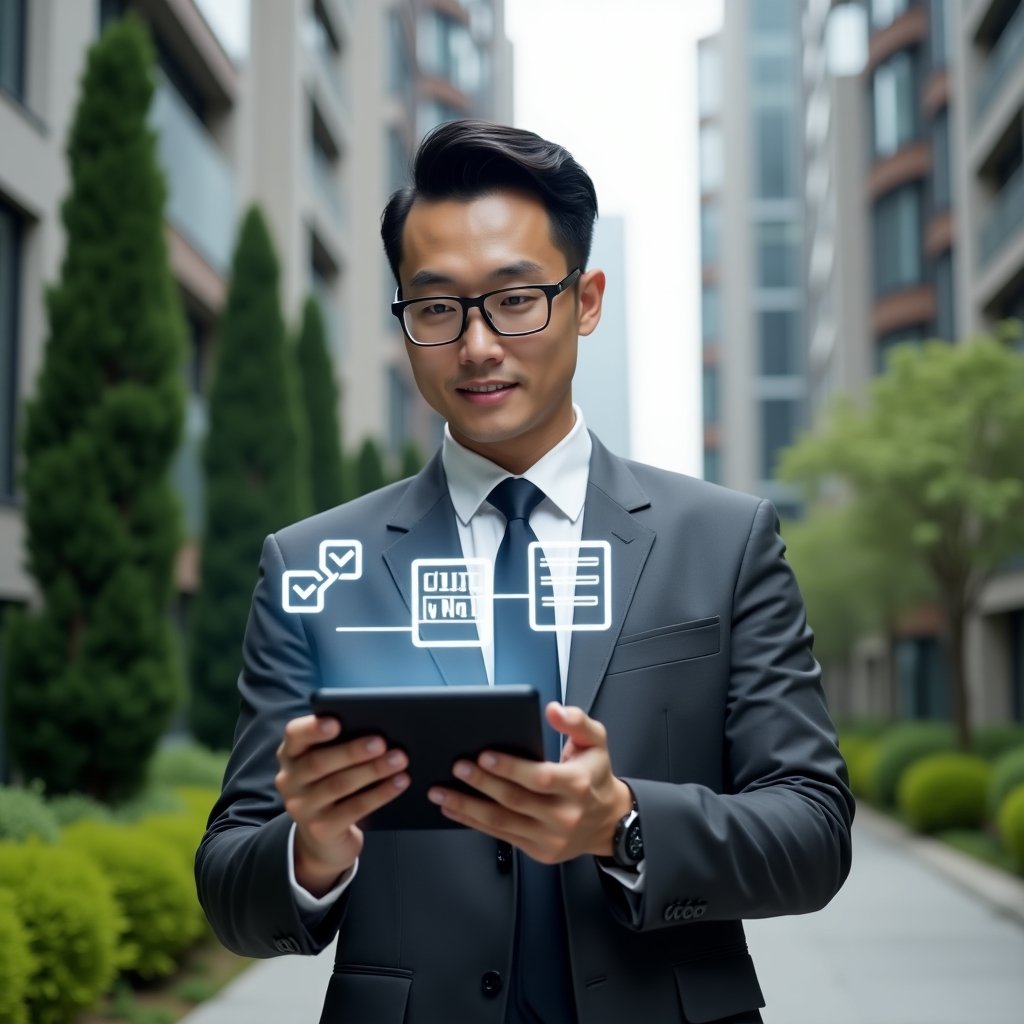 (Ultra-realistic condominium manager in a tailored dark gray suit, set in a modern luxury condominium environment with high-rise buildings and manicured green landscaping, holding a tablet displaying a floating holographic activity schedule template, confident and focused expression, floating icons of checklist and calendar around the device, cinematic lighting, shallow depth of field, highly detailed textures, realistic skin, photographic realism, 8k resolution --ar 1:1 --v 6)
