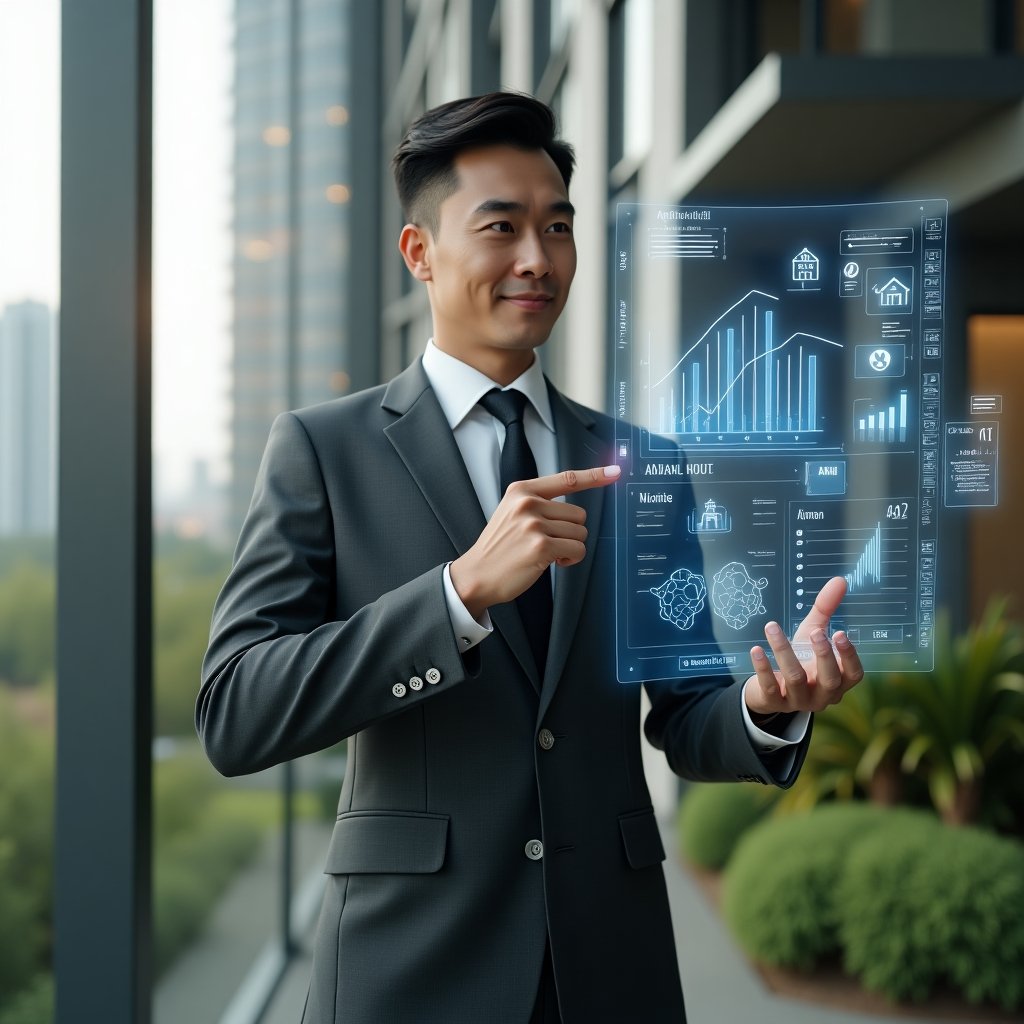 (Ultra-realistic condominium manager in a charcoal gray executive suit, set in a modern luxury condominium environment with high-rise buildings and manicured gardens, holding and interacting with a floating holographic dashboard displaying apartment icons and financial charts, confident expression, cinematic lighting, shallow depth of field, highly detailed textures, realistic skin, photographic realism, 8k resolution --ar 1:1 --v 6)