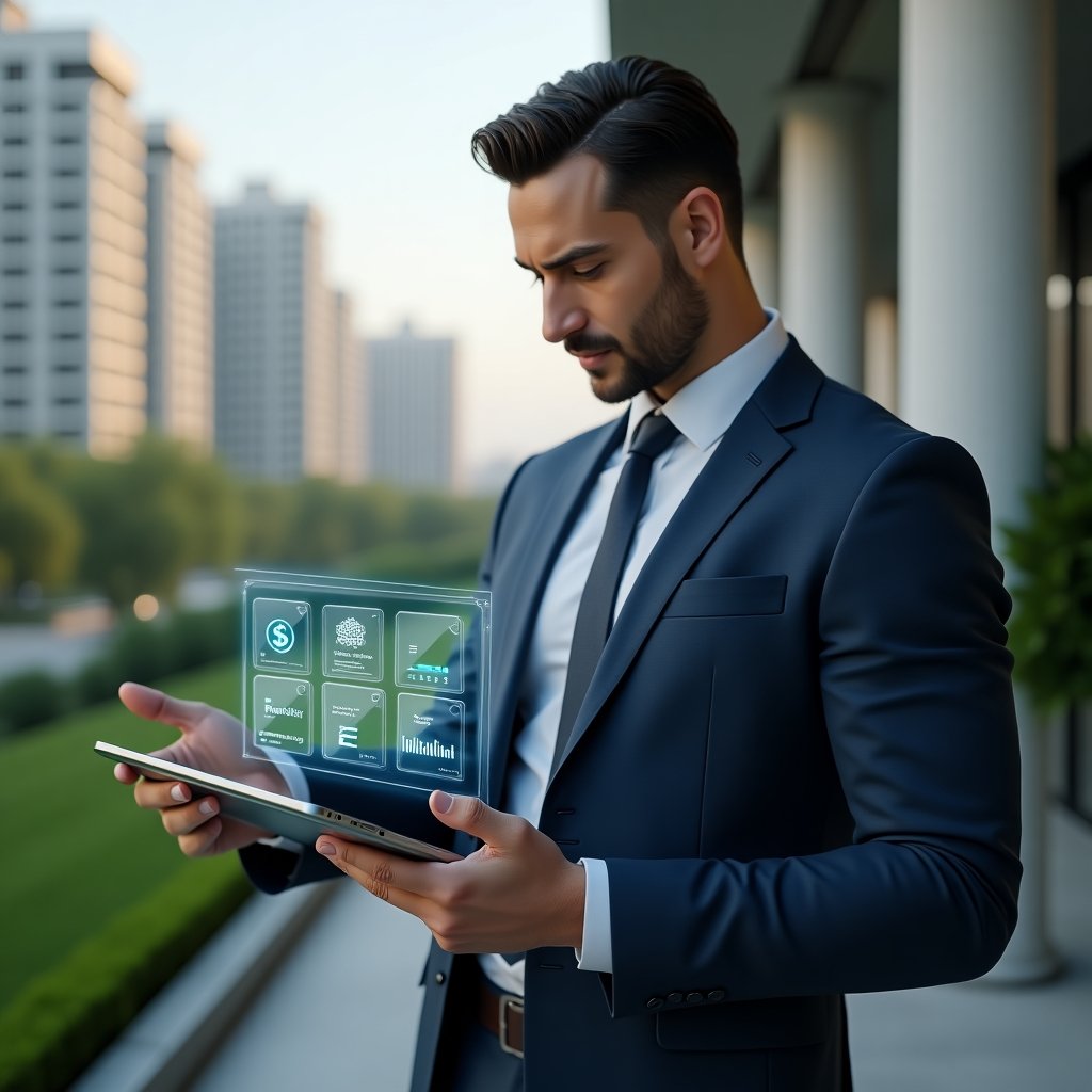 Ultra-realistic condominium manager in a navy executive suit, set in a modern luxury condominium environment with high-rise buildings and manicured green landscaping, holding a tablet displaying a floating holographic dashboard with icons for finance, reservations and messages, confident and focused expression, cinematic lighting, shallow depth of field, highly detailed textures, realistic skin, photographic realism, 8k resolution --ar 1:1 --v 6