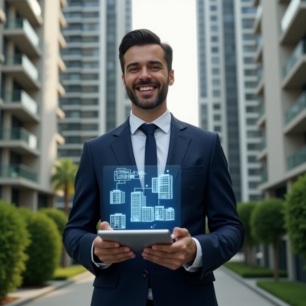 (Ultra-realistic condominium manager in a navy tailored suit, set in a modern luxury condominium environment with high-rise buildings and manicured green landscaping, holding a digital tablet displaying a holographic blueprint and budget icons, confidently presenting to an unseen audience, cinematic lighting, shallow depth of field, highly detailed textures, realistic skin, photographic realism, 8k resolution --ar 1:1 --v 6)