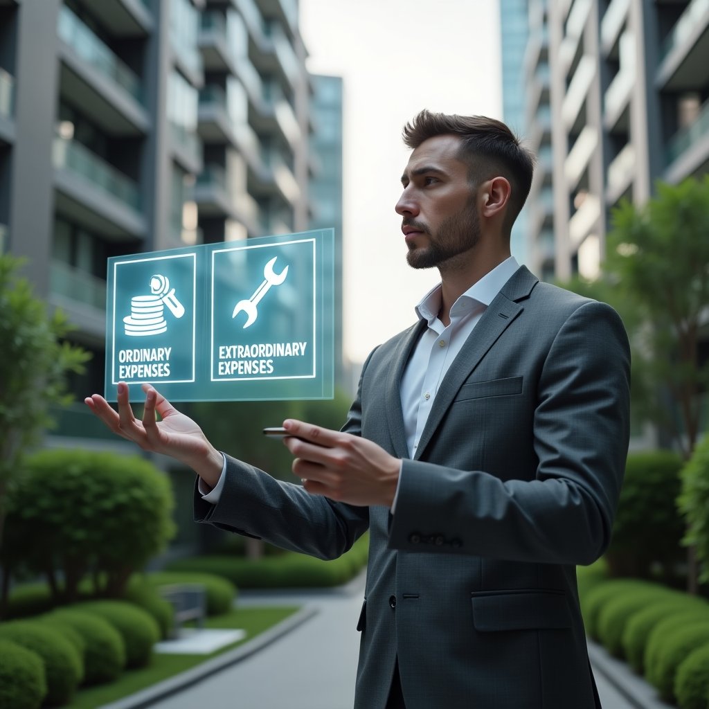 Ultra-realistic property manager in a charcoal gray suit, set in a modern luxury condominium environment with high-rise buildings and manicured green gardens, standing in a medium shot reviewing two floating holographic charts labeled “Ordinary Expenses” and “Extraordinary Expenses,” thoughtful expression, holographic icons of coins and wrench tools symbolizing cost categories, cinematic lighting, shallow depth of field, highly detailed textures, realistic skin, photographic realism, 8k resolution --ar 1:1 --v 6