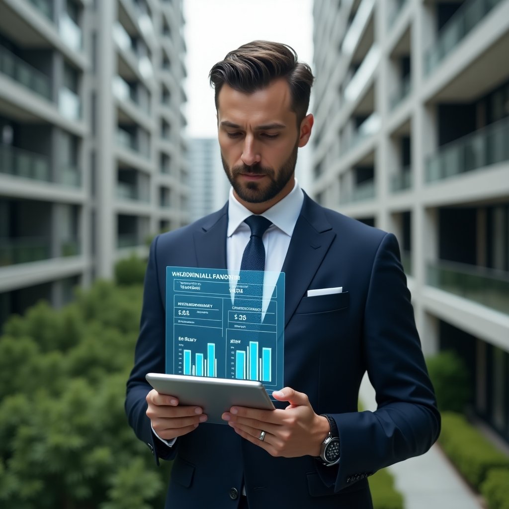 Ultra-realistic condominium manager in a navy tailored suit, set in a modern luxury condominium environment with high-rise buildings and manicured green landscaping, analyzing a transparent holographic financial chart divided into “ordinary” and “extraordinary” expenses, holding a sleek tablet displaying budget graphs, confident and focused expression, cinematic lighting, shallow depth of field, highly detailed textures, realistic skin, photographic realism, 8k resolution --ar 1:1 --v 6