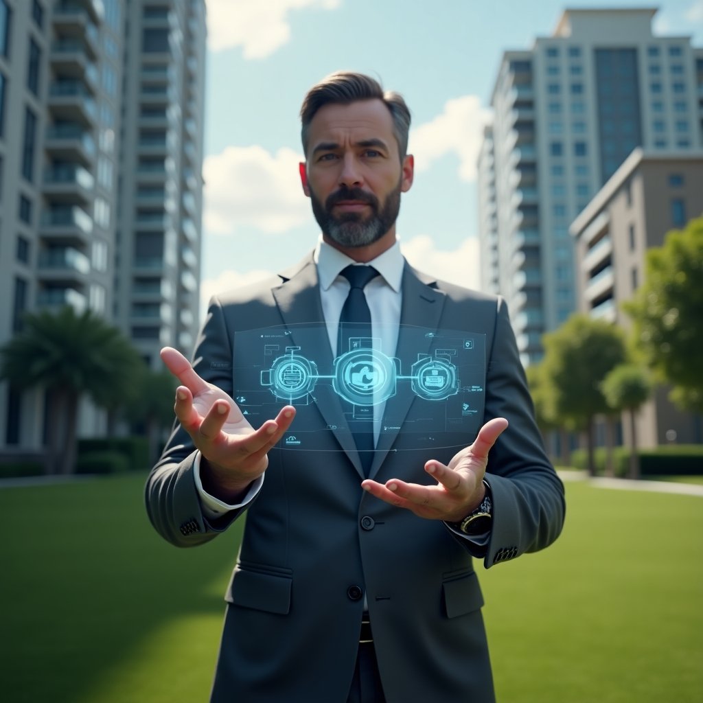 (Ultra-realistic condominium manager in a charcoal gray executive suit, set in a modern luxury condominium environment with high-rise buildings and manicured green lawns, interacting with a floating holographic interface displaying icons for messaging, booking, billing and reports, confidently gesturing as if optimizing processes and increasing transparency, cinematic lighting, shallow depth of field, highly detailed textures, realistic skin, photographic realism, 8k resolution --ar 1:1 --v 6)