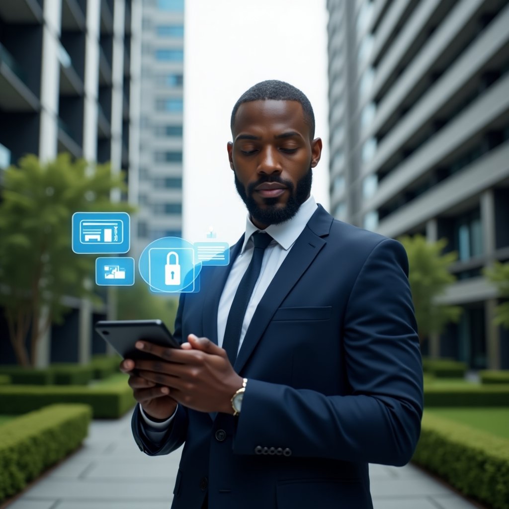 Ultra-realistic condominium manager in a dark blue tailored suit, set in a modern luxury condominium environment with high-rise buildings and manicured green landscaping, holding a digital tablet and interacting with floating holographic icons of chat bubbles, charts and security padlocks, confident and focused expression, cinematic lighting, shallow depth of field, highly detailed textures, realistic skin, photographic realism, 8k resolution --ar 1:1 --v 6